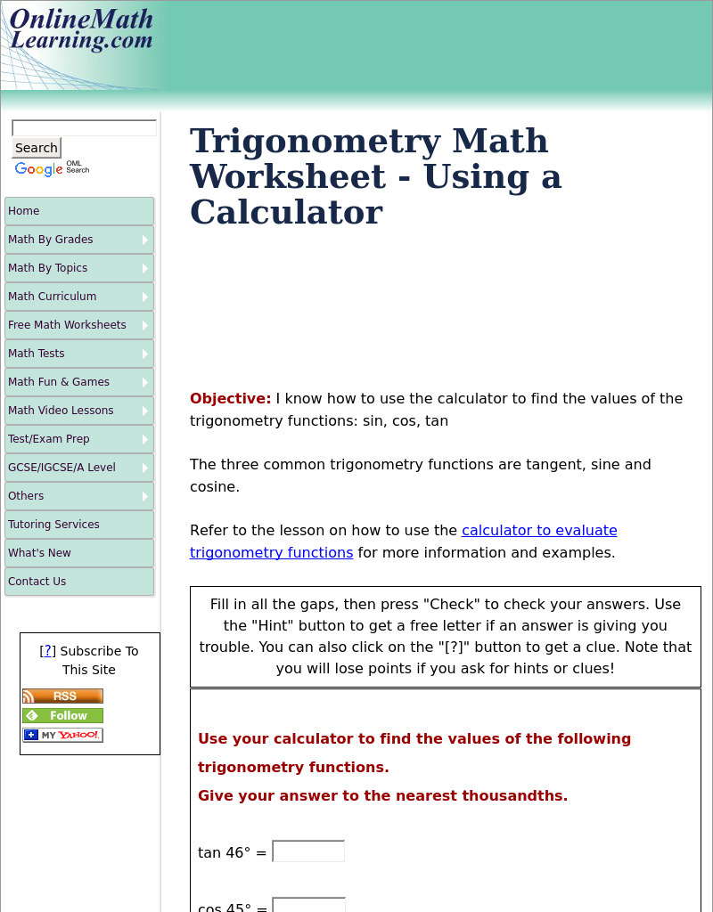 Trigonometry Math - Using a Calculator Interactive