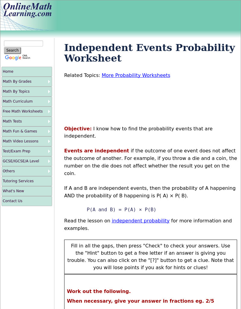 Independent Events Probability Interactive