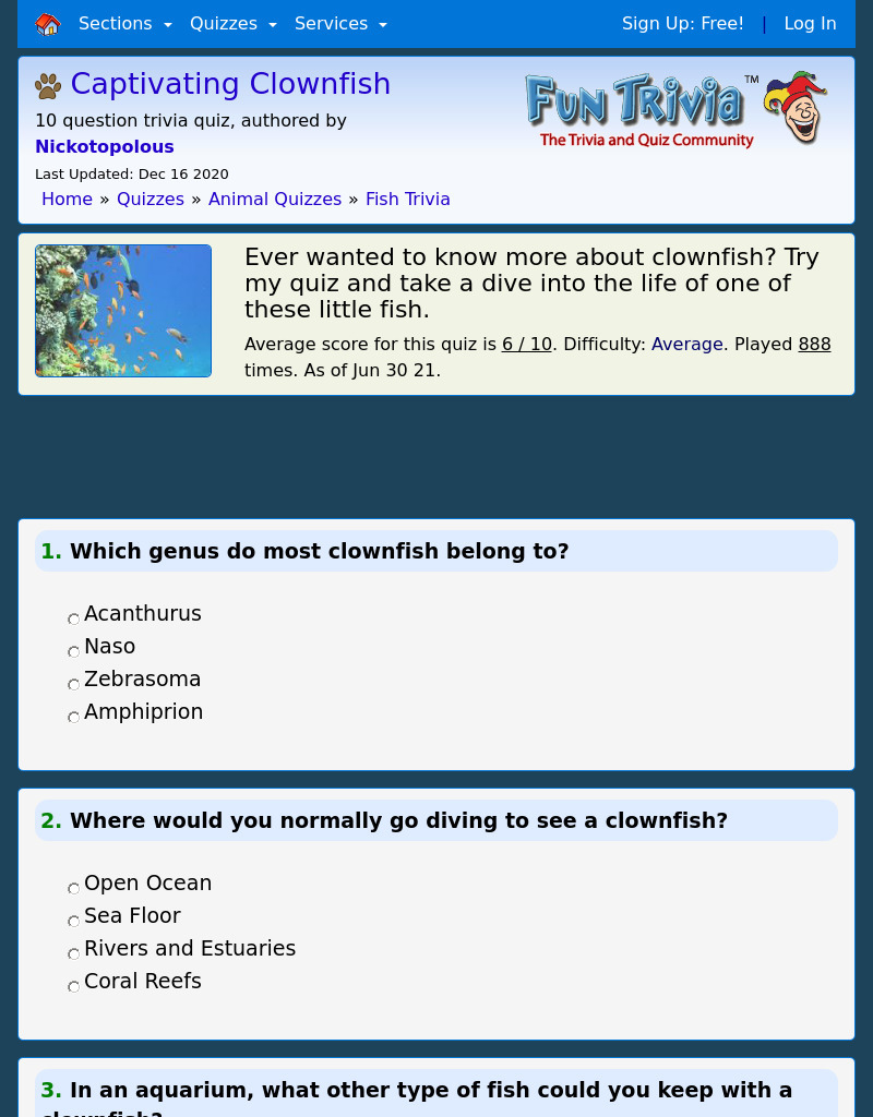 Captivating Clownfish Quiz Interactive