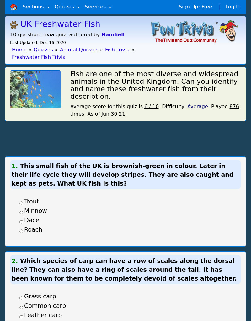 UK Freshwater Fish Quiz Interactive