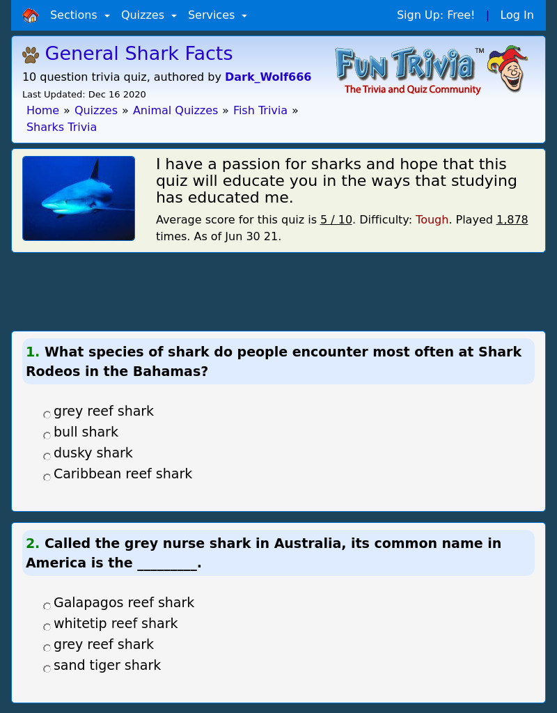 General Shark Facts-Trivia Quiz Interactive