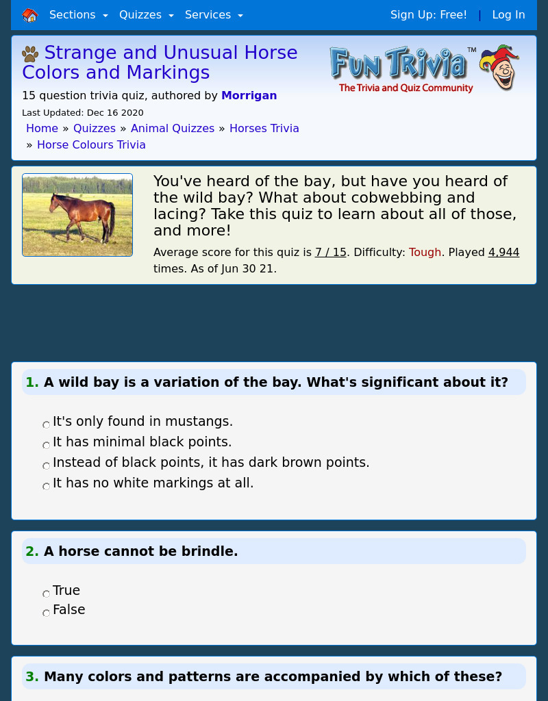 Strange and Unusual Horse Colors and Markings-Trivia Quiz Interactive