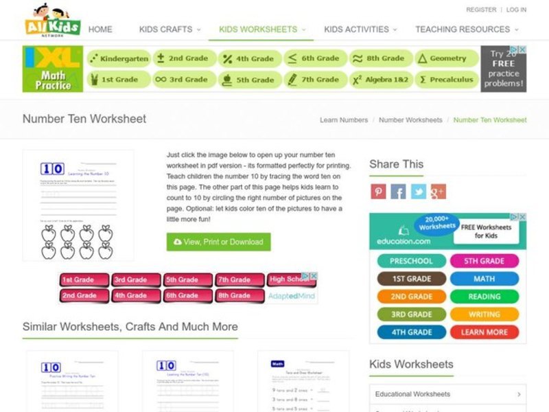 Learning the Number 10 Worksheet