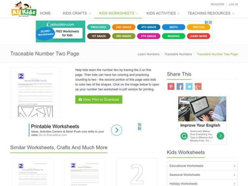Learning the Number Two (2) Worksheet
