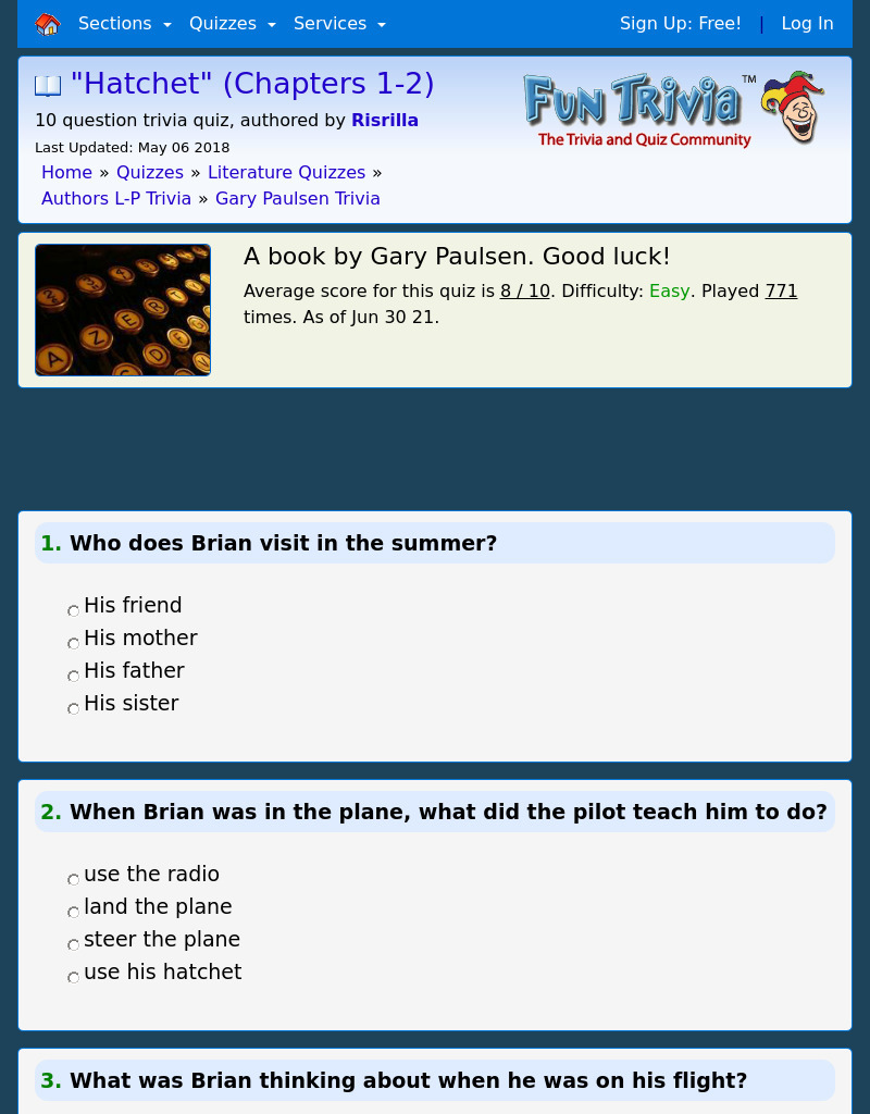 Hatchet (Chapters 1-2): Fun Trivia Quiz Interactive
