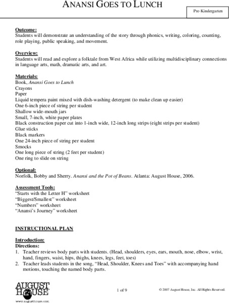 Anansi Goes to Lunch - Pre-Kindergarten Lesson Plan