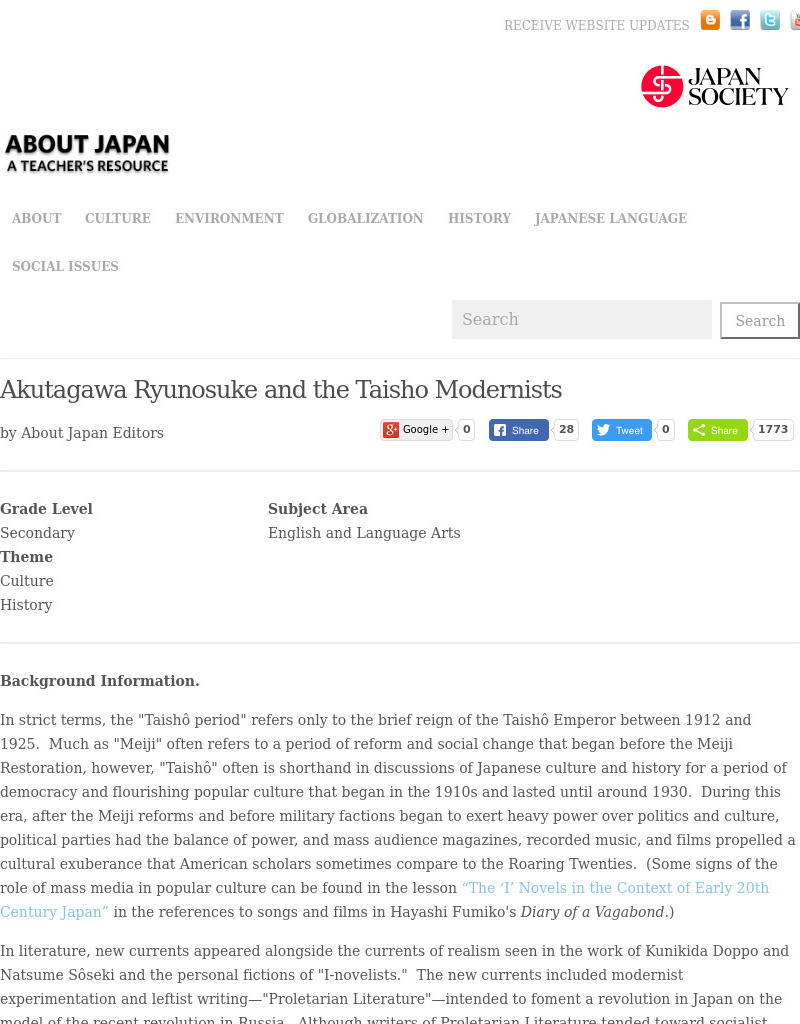 Akutagawa Ryunosuke and the Taisho Modernists Lesson Plan
