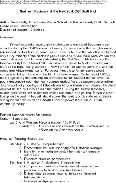 Northern Racism and the New York City Draft Riots of 1863 Lesson Plan