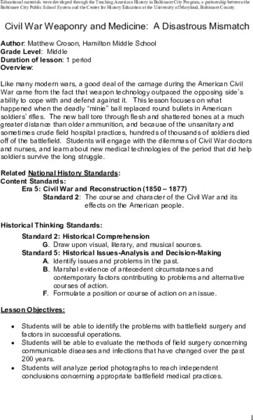 Civil War Weaponry and Medicine: A Disastrous Mismatch Lesson Plan