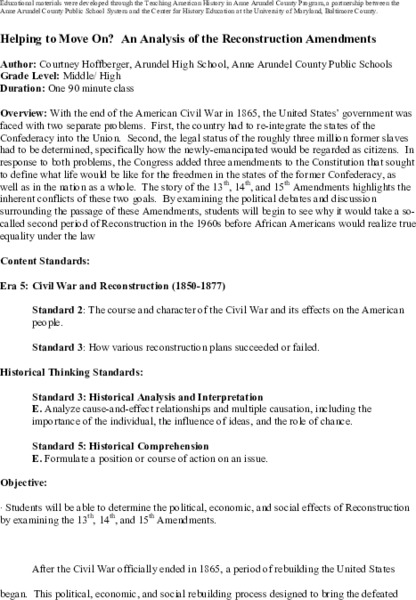 Helping to Move On? An Analysis of the Reconstruction Amendments Lesson Plan