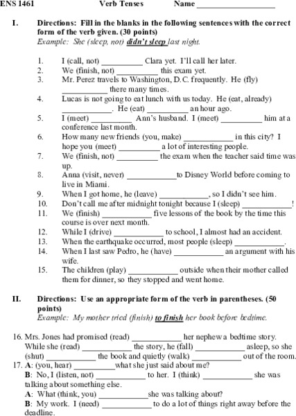 Verb Tenses Worksheet