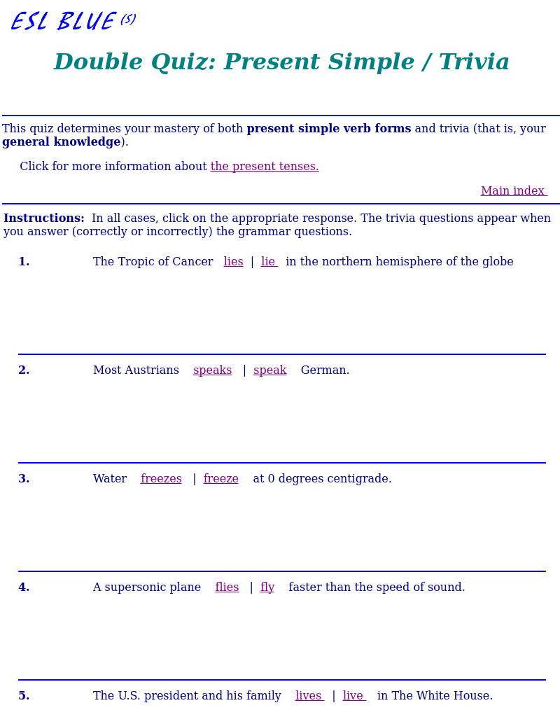 Double Quiz: Present Simple/Trivia Interactive