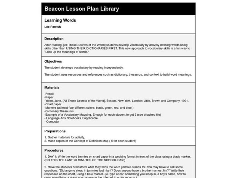 Learning Words Lesson Plan