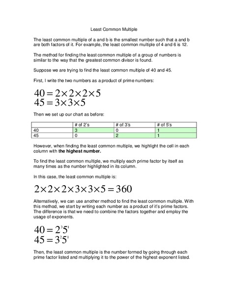 Least Common Multiple Worksheet