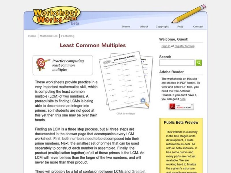 Least Common Multiples Worksheet