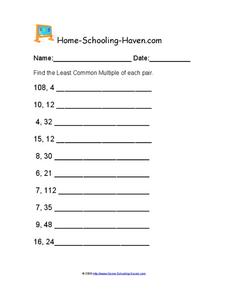 Least Common Multiples Worksheet