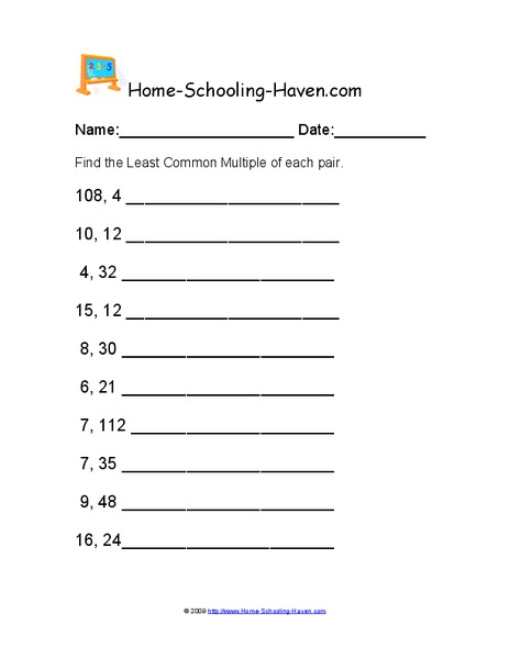 Least Common Multiples Worksheet