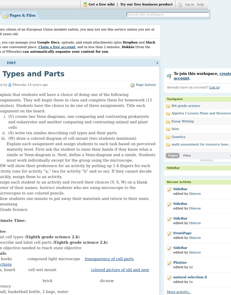 Cells And Their Parts Lesson Plan