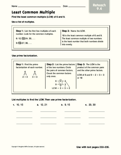 Least Common Multiple Worksheet