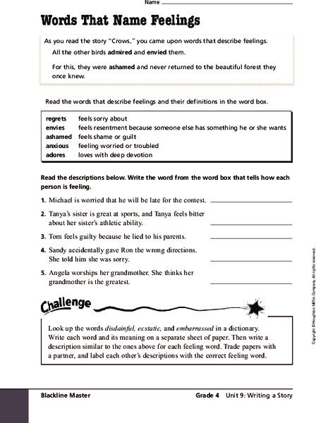 Words That Name Feelings Worksheet