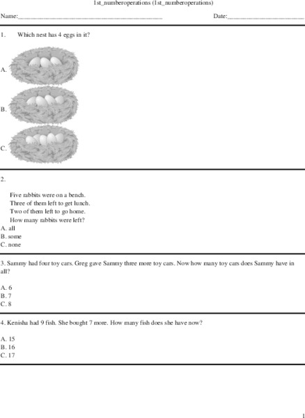 Number Operations for Grade 1 Worksheet