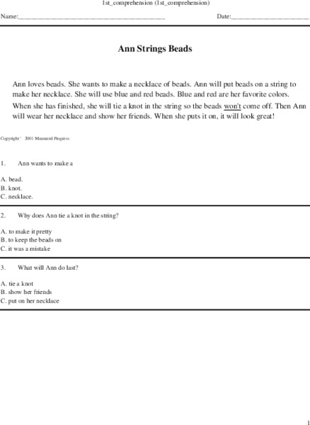 Comprehension Review for Grade 1 Worksheet