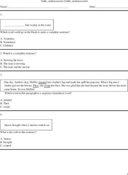 2nd Grade Sentences Worksheet