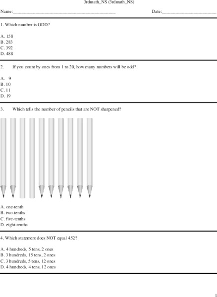 Number Sense Review for Grade 3 Worksheet