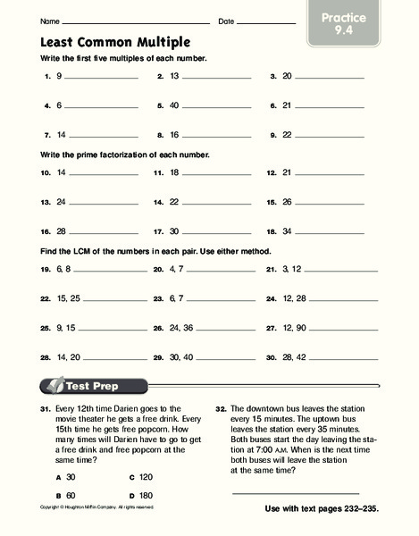 Least Common Multiple Practice Worksheet