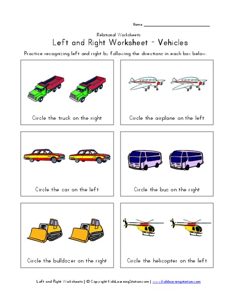 Left and Right Worksheet - Vehicles Worksheet