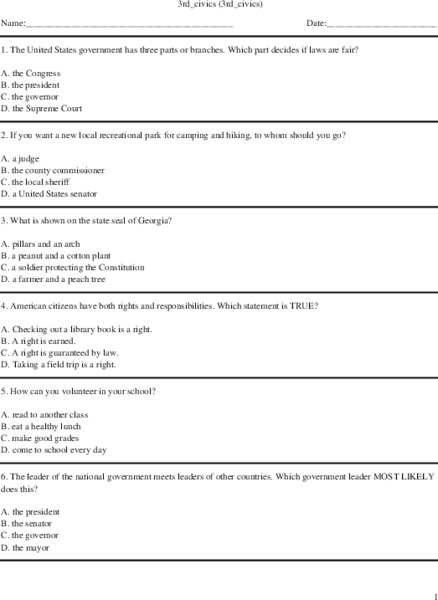 Civics Review for Grade 3 Worksheet