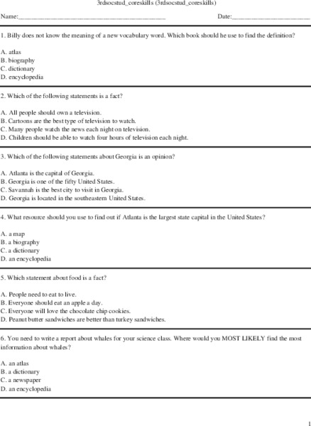 3rd Grade Social Studies Core Skills (Reference Books) Worksheet