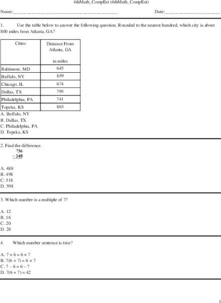 4th Grade Math Practice Worksheet