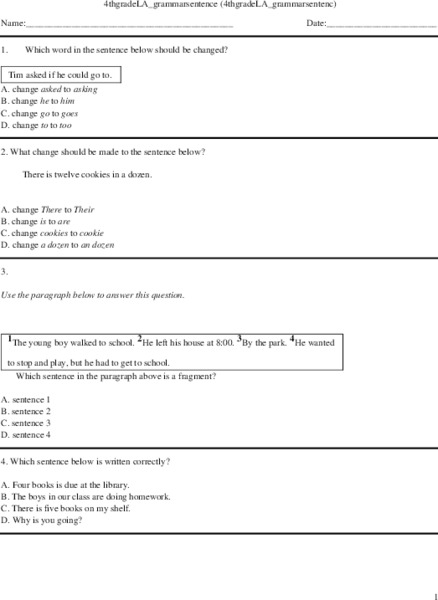4th Grade Grammar Worksheet