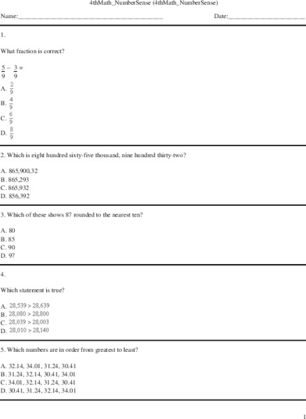 Math Review for Grade 4:  Number Sense Worksheet