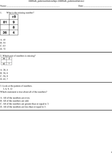 Patterns Relationship Worksheet