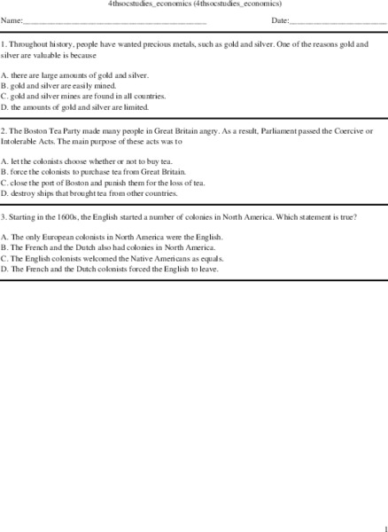 4th Grade Social Studies/Economics Multiple Choice Practice Worksheet