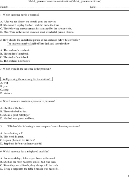 Fifth Grade Grammar Sentence Construction Worksheet