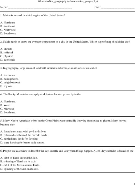4th Grade Geography Multiple Choice Worksheet
