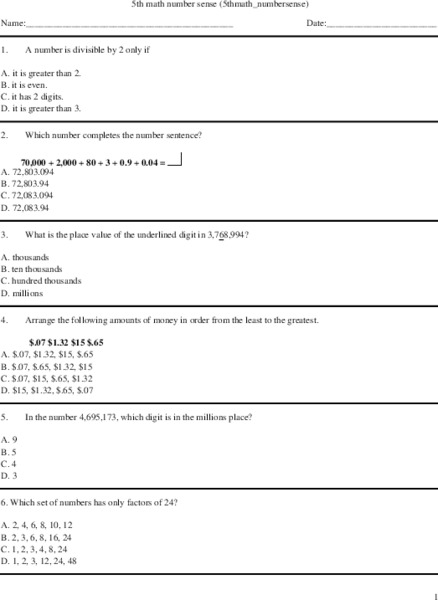 5th Grade Math Number Sense Worksheet