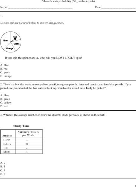 5th Grade Math: Probability Worksheet