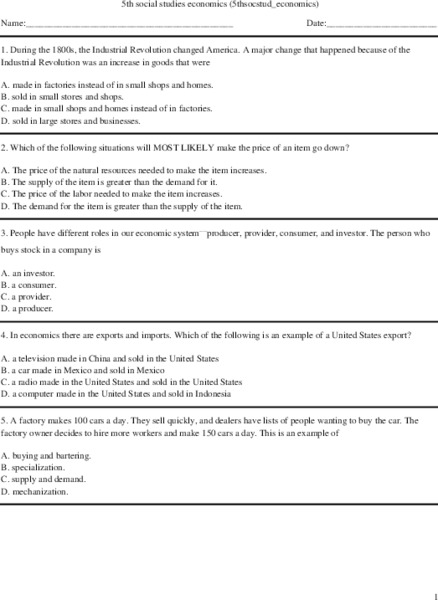 5th Grade Social Studies Worksheet
