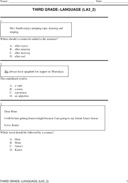 Language Arts Review for Grade 3 (3.2) Worksheet