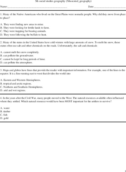 5th grade social studies geography Worksheet