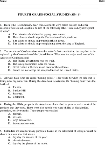 Fourth Grade Social Studies Worksheet