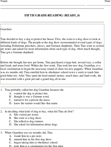 Reading Review for Grade 5 (5.4) Worksheet