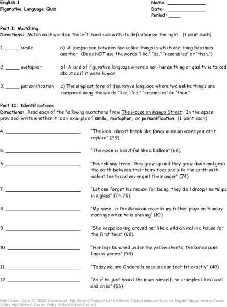 Figurative Language Quiz Worksheet