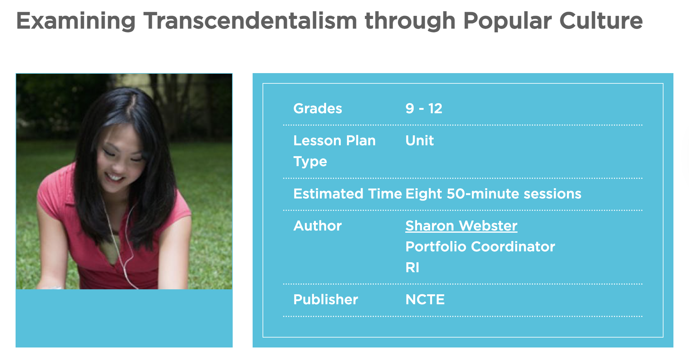 Examining Transcendentalism through Popular Culture Unit Plan
