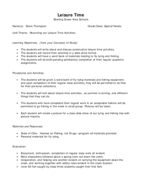 Leisure Time Lesson Plan
