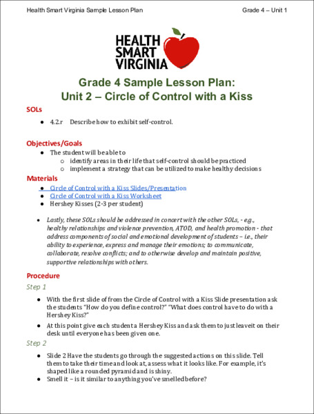 Circle of Control with a Kiss Lesson Plan